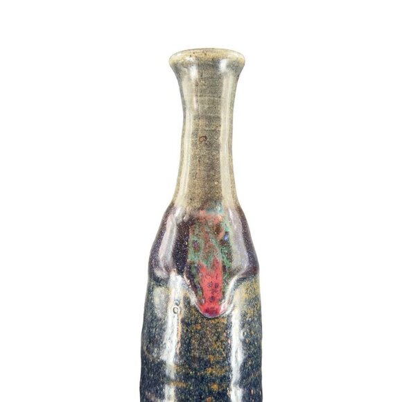 Hand Made Primitive Style Pottery Bottle Vase Artist Signed Drip Glaze Brutalist - Picture 2 of 16